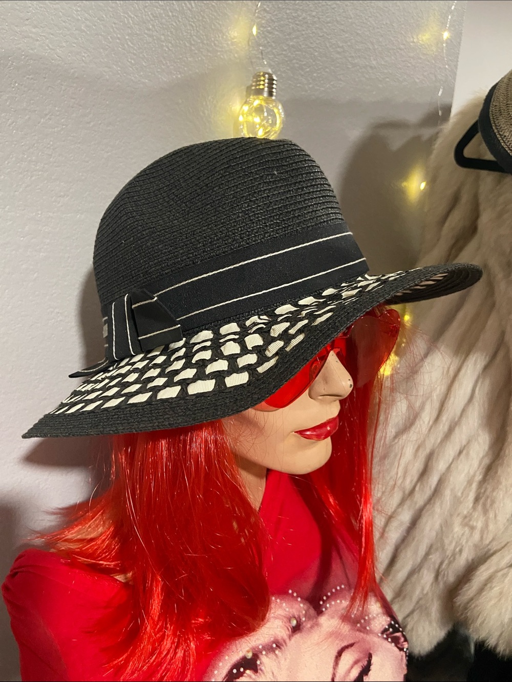 betmar Black Straw Fedora with Cream Open-Weave Brim and Ribbon size M